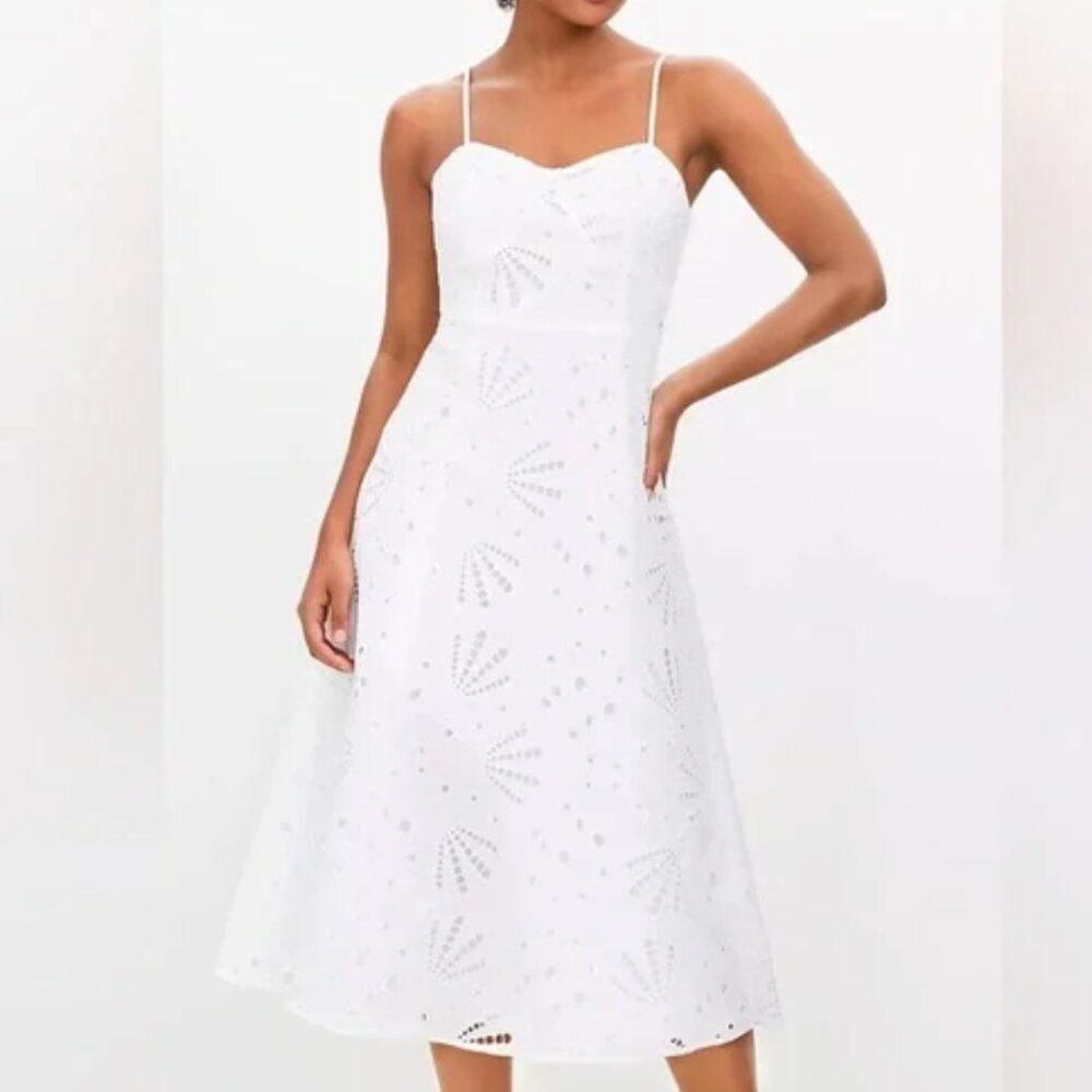 LOFT | White Shell Eyelet Midi Dress Spaghetti Straps | Size 10P